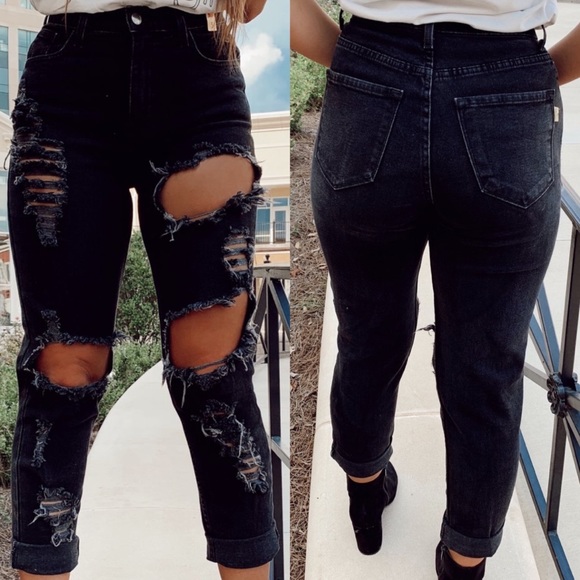 . OOTDFASH Ripped To Shreds Black Mom/Boyfriend Jeans - Picture 4 of 11